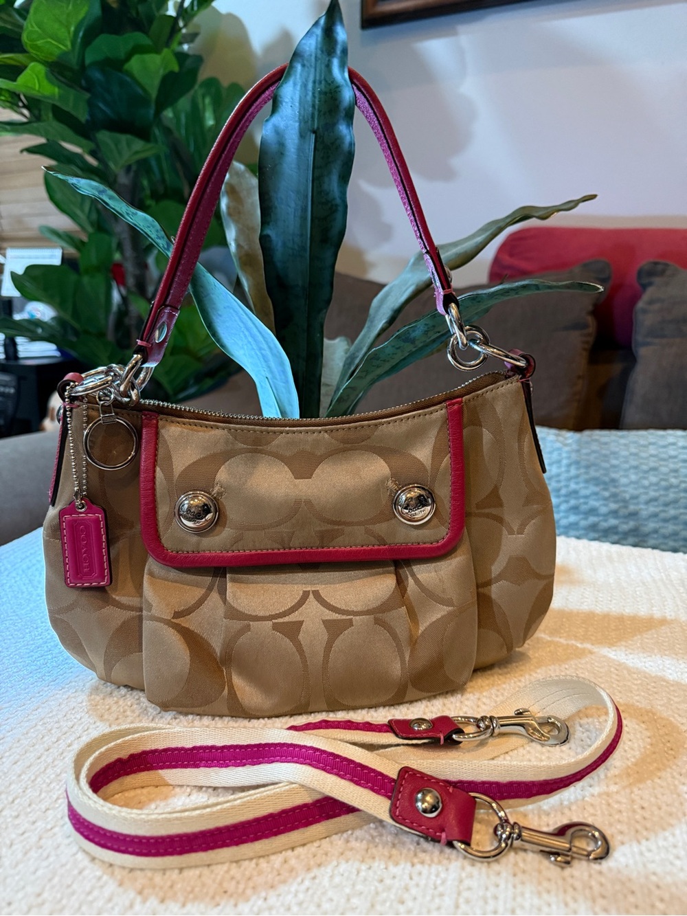 Coach Tan Signature-Pattern Shoulder Bag with Pink Trim